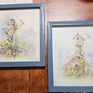 Set of 2 blue framed birdhouse ad mailbox pictures 1999 signed And Orpinas